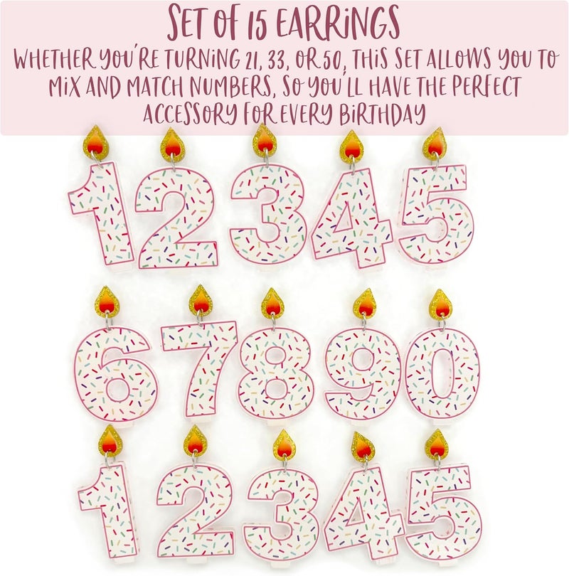 UBUN2 Store Set of 15 Birthday Candle Earrings - 15 Single Stud Earrings with Numbers 0-9 & Extra 1-5, Pink Outline, Sprinkles, Glitter Flame - Image 5